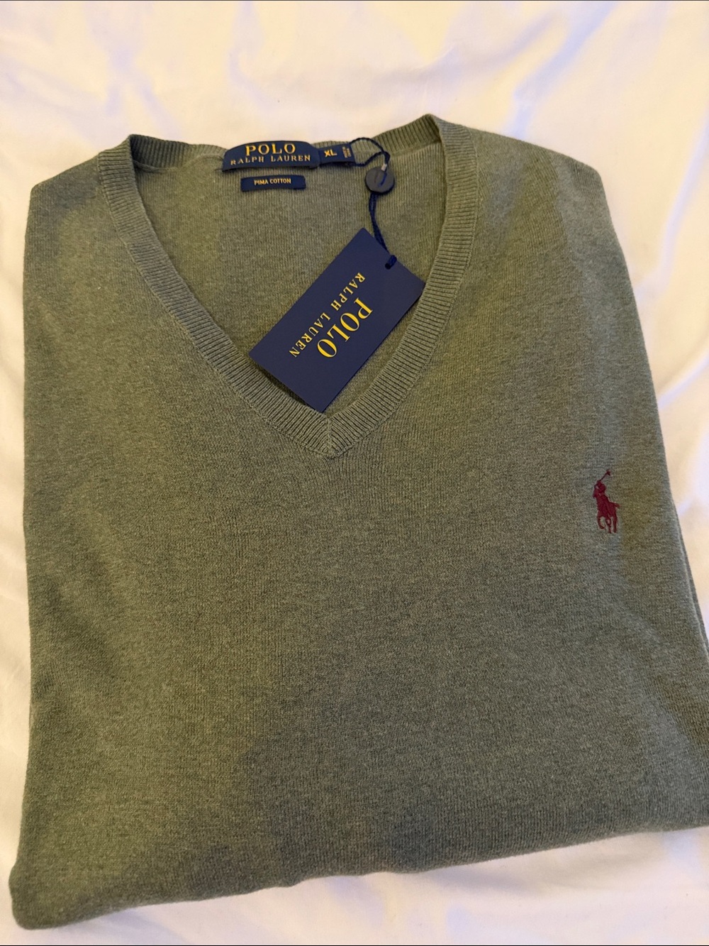 Polo by Ralph Lauren V-Neck Sweater in Olive with burgundy Pony